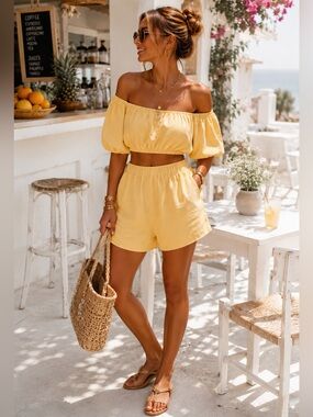 SHEIN Butter Yellow Puff Sleeve Shorts Set | Vacation & Brunch Outfit